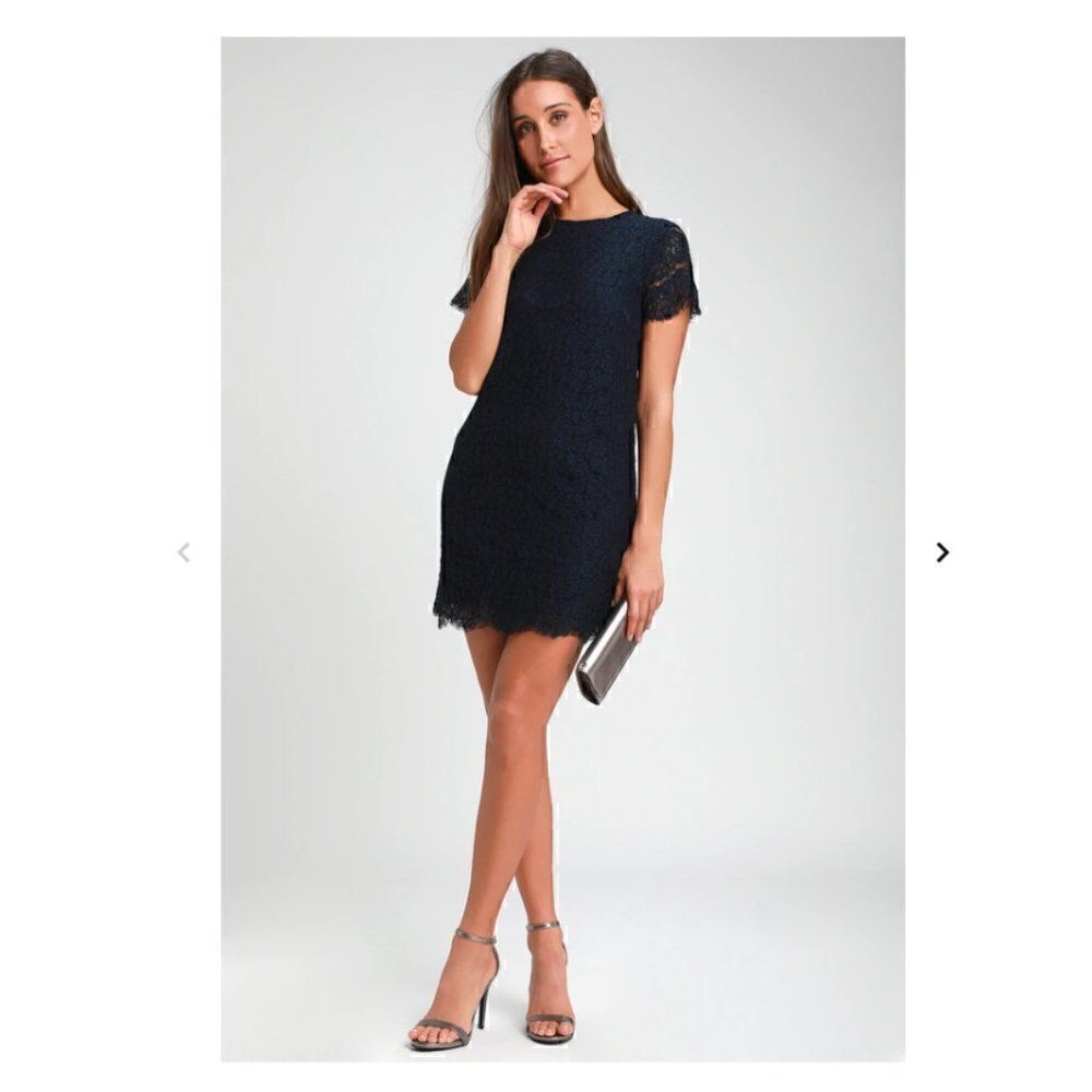 Lulus Take me to Brunch Navy Blue Lace Shift Dress M